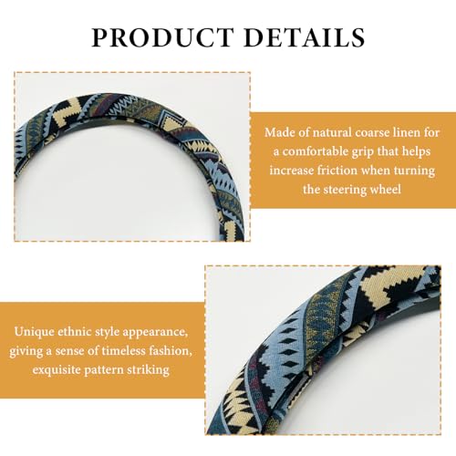 Boho Steering Wheel Cover, 15 Inch Coarse Flax Cloth Ethnic Style Anti-Slip Car Wheel Wrap, Universal Breathable Bohemian Steering Wheel Protector for Cars Vans Trucks (H) - color: H