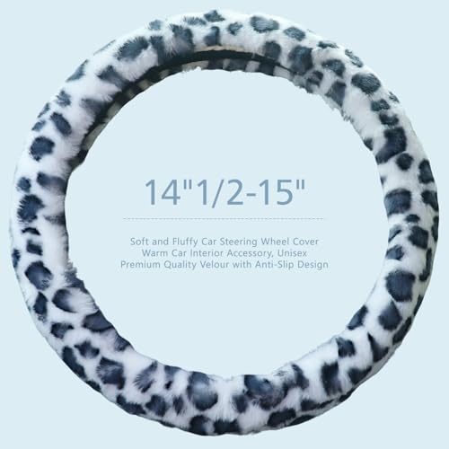 ZHOL Plush Leopard Cheetah Steering Wheel Cover, 15 Inch Universal Fit, Soft Warm Winter Cover with Non-Slip Grip, Heat & Cold Protection Easy Install Fuzzy Cover for Car SUV Truck (Black White) - color: Cheetah White