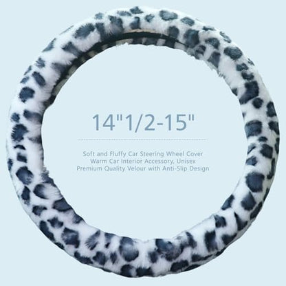 ZHOL Plush Leopard Cheetah Steering Wheel Cover, 15 Inch Universal Fit, Soft Warm Winter Cover with Non-Slip Grip, Heat & Cold Protection Easy Install Fuzzy Cover for Car SUV Truck (Black White) - color: Cheetah White