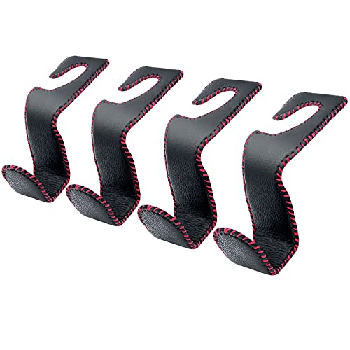 EldHus Car Seat Hooks for Purses and Bags, 4 Pack Car Purse Holder for Grocery Bag Handbag Clothes, Metal Headrest Hooks Covered by Leather, Black Red - color: Black Red, size: 4