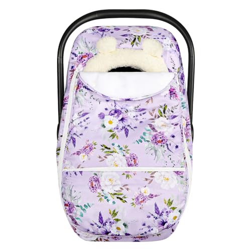 Winter Car Seat Cover Baby Girl Boy, Warm & Windproof Infant Carseat Cover Canopy Protect Baby from Cold Weather, Plush Fleece, Purple Floral - color: Purple Floral