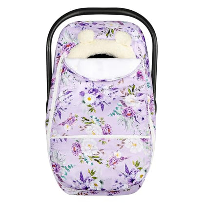 Winter Car Seat Cover Baby Girl Boy, Warm & Windproof Infant Carseat Cover Canopy Protect Baby from Cold Weather, Plush Fleece, Purple Floral - color: Purple Floral