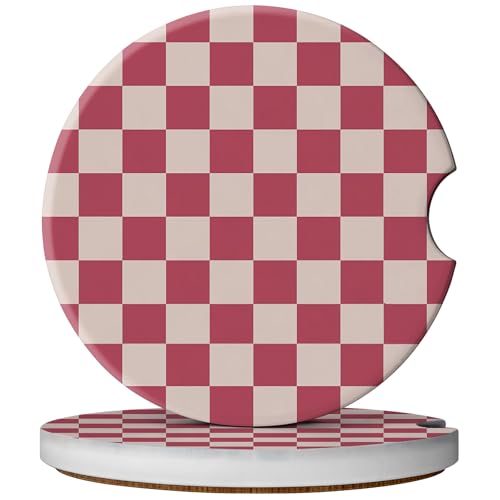 2 Pack Car Coasters for Cup Holders, Absorbent Ceramic Cup Coaster with Cork Base and Finger Notch, Cute Car Accessories Interior for Women Men (Grid-Pink) - color: Grid-pink