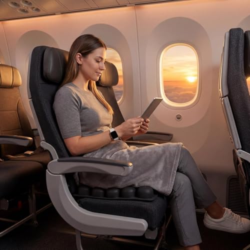 Inflatable Travel Seat Cushion for Airplane - Portable Air Pad with Built-in Pump for Long Haul Flight Essentials - Ergonomic Tailbone & Sciatica Pain Relief, Non-Slip, 15.7x15.7, Black - size: 15.7"x15.6"