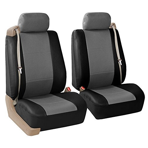 FH Group PU309102 All-Purpose Built-in Seat Belt PU Leather Seat Covers (Gray) Front Set – Universal Fit for Cars Trucks & SUVs - color: Gray/Black - Low Back (Faux Leather), size: Front Set