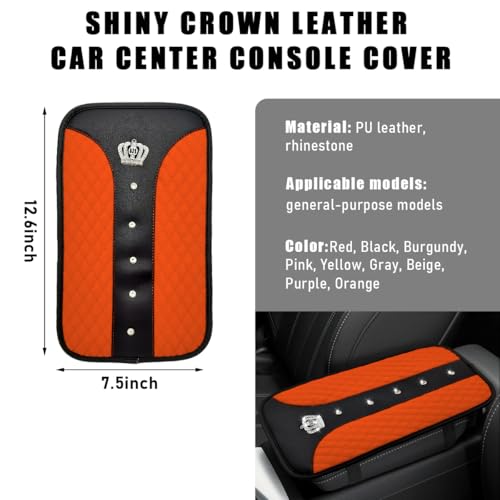 Bling Crown Car Center Console Mats, Anti-Slip and Waterproof Crystal Car Armrest Pad Protector, Universal Rustproof Armrest Decor Cushion for Cars & SUVs, Car Accessories (Orange) - color: Orange