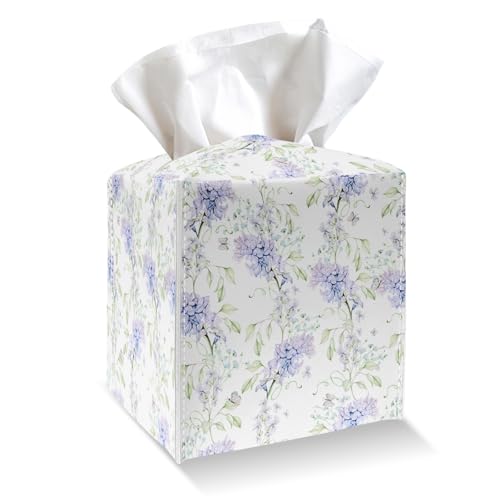 Purple Lavender Tissue Box Cover Holder, PU Leather Tissue Box Cover with Bottom Belt, Square Facial Paper Organizer for Tabletop, Bathroom, Kitchen, Car & Office -043 - color: Purple Lavender