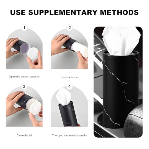 4 PCS Car Tissue Holder, Refillable Round Napkins Containers with Papers Inside, Convenient Travel Tissue Tubes Facial Paper Towel Cylinders for Vehicle Cup Holders (Marble Black) - color: Marble Black
