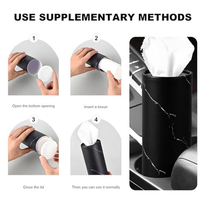 4 PCS Car Tissue Holder, Refillable Round Napkins Containers with Papers Inside, Convenient Travel Tissue Tubes Facial Paper Towel Cylinders for Vehicle Cup Holders (Marble Black) - color: Marble Black