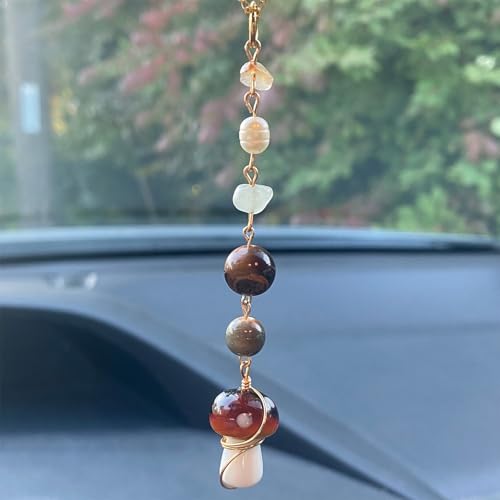 Mushroom Car Accessories for Women Cute Mushroom Hanging Ornament Boho Rear View Mirror Accessories Interior Car Decor Bag Charms Gifts for Women Girls (Brown) - color: Borwn
