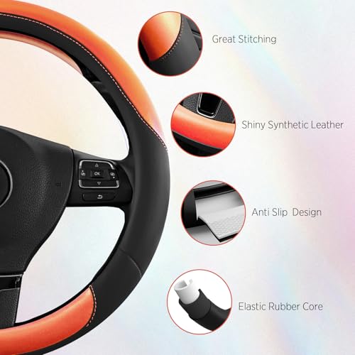 Road Comforts Steering Wheel Cover – Breathable Leather Steering Wheel Cover, Anti-Slip Grip, Universal Fit 14.5” to 15”, Heat & Cold Resistant for Cars, SUVs, and Trucks – Black & Shining Orange - color: Black&Orange