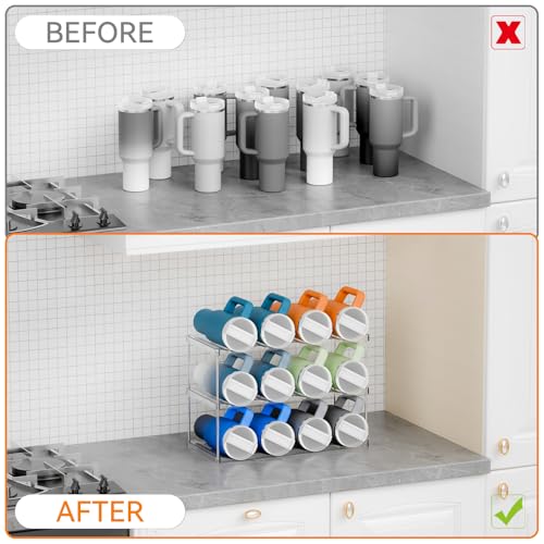 Yieach Stackable Water Bottle Organizer for Stanley,Yeti 40 oz and Others Tumbler Organizer,3 Tier Waterbottle Storage Rack,Clear Acrylic Cup Organizers for Kitchen Cabinets,Countertop,Pantry Shelf - size: 3 Tier Hold 12 Bottle