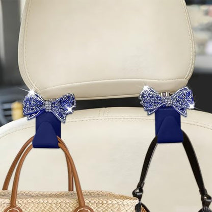 Bling Car Headreat Hook, 2PCS Crystal Rhinestone Cute Bow Vehicle Seat Back Hanger Storage for Purses Bags Grocery, Diamond Auto Rear Seat Organizer, Universal for SUV Truck Sedan (Blue) - style: Blue/4PCS