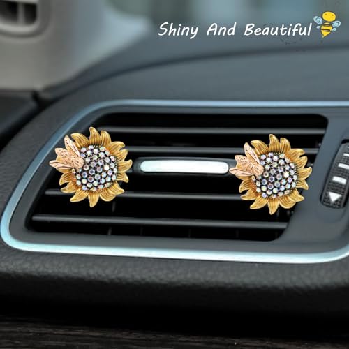 ORIESSE Sunflower Car Accessories,Movable Bee Flower Car Air Freshener Vent Clips,Bling Air Vent Aesthetic Decorations for Women,Refillable Aroma Diffusers