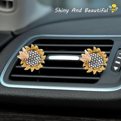 ORIESSE Sunflower Car Accessories,Movable Bee Flower Car Air Freshener Vent Clips,Bling Air Vent Aesthetic Decorations for Women,Refillable Aroma Diffusers