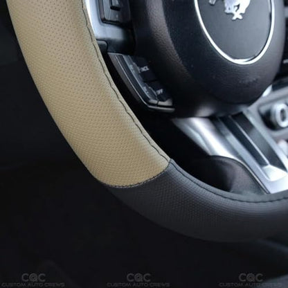 PU Leather Car Seat Covers w/Two-Tone Carpet/Vinyl Trim Car Floor Mats – Front and Back Split Bench Seat Covers, Steering Wheel Cover, Floor Mats(Black/Beige) - color: Beige