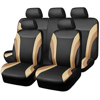 CAR PASS Line Rider Leather Car Seat Covers Sporty Car Seat Covers Full Set,5mm Composite Sponge,Airbag Compatible,Universal Fit 95% Automotive SUV Sedan(Black Beige) - color: Black Beige