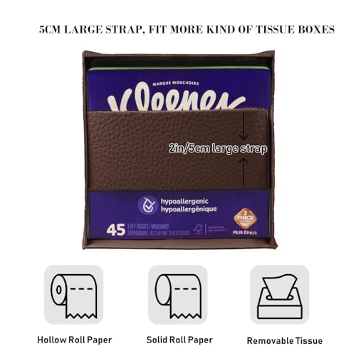 Tissue Box Cover Holder Square Tissue Cube Cover PU Leather Tissue Organizer with Bottom Belt for Bathroom, Tabletop, Car, Night Stands, Office, Home, Kitchen (1, CoffeeBrown) - color: Coffeebrown