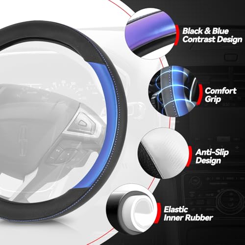 Auto Dynasty Steering Wheel Cover, Breathable Microfiber Leather Car Steering Wheel Protector with Black Blue Contrast Stitching, Anti-Slip, [14 1/2 to 15 Inches] Universal Fit Cars Trucks SUVs - color: Contrast Blue