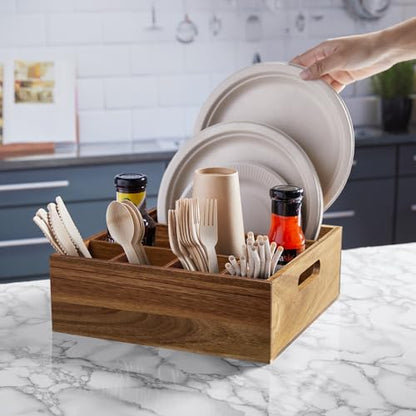 ALELION Acacia Wood Utensil Holder for Party - Paper Plate Organizer for Countertop - Silverware Caddy with 6 Compartments for Plate, Cup, Fork, Spoon - Cutlery Holder for Kitchen Camping Buffet - style: Acacia Wood