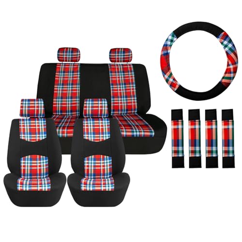 FH Group Car Seat Covers Full Set Plaid Print Cloth - Universal Fit Automotive Seat Covers, Low Back Front Seat Covers, Solid Back Seat Cover, Washable Car Seat Cover for SUV, Sedan, Van Red - color: Red, style: Full Set Combo