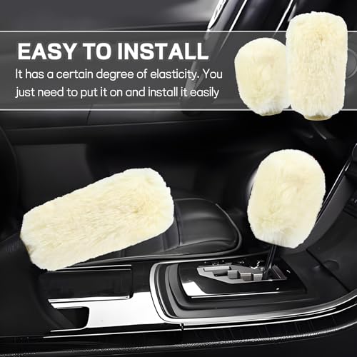 Hovom 2PCS Fluffy Car Gear Shift Knob Cover & Handbrake Cover, Soft Plush Hand Brake Handle & Gear Shift Cover for Women Girls, Universal Comfortable Warm Furry Car Accessories (Beige) - color: Beige