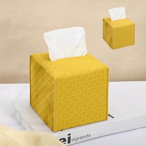 HOMOTEK 2 Pack Tissue Box Cover, Square PU Leather Tissue Holder, Decorative Facial Tissue Cube Paper Organizer Dispenser for Bathroom, Night Stands, Desk, Car 5X5X5'' - Rattan Weave,Mango Yellow - color: Mango Yellow, size: Rattan Weave