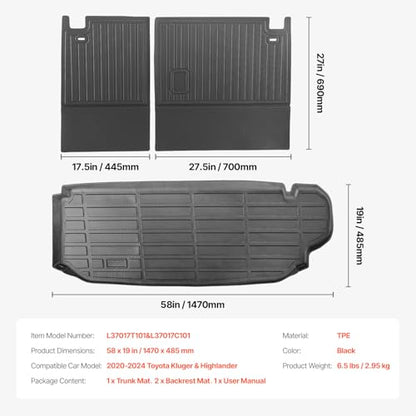 VEVOR Cargo Mats Compatible with Toyota Kluger & Highlander 2020-2024, Custom Fit TPE Cargo Liner Set for SUVs, Trunk and Rear Back Seat Protector Replacement, Trunk Mat and Backrest Mats - style: Toyota Kluger/Highlander 2020-2024