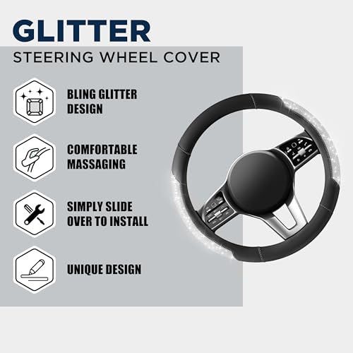 PIC AUTO Steering Wheel Cover, Sparkly Crystal Bling Glitter with Black Leather, Universal Fit 14.5"-15.5" Car Steering Wheels for Girls & Women, Breathable Anti-Slip Steering Wheels Cover - color: Black