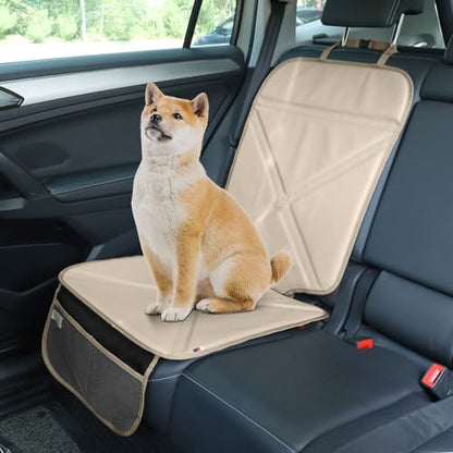 Viaviat Car Seat Protector Leather Waterproof Child Safety Seat Protector Cover with Thick Pad and 2 Large Pockets Durable Kick Mat for All Auto Seat (Beige) - color: Beige