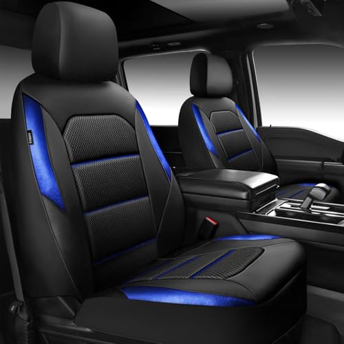 CAR PASS Memory Foam Leather Seat Covers,Air Cool Mesh Thick Car Seat Covers Front Seats Blue Leather Seat Covers for Cars Universal for SUVs Trucks,Airbag Compatible Comfort Durable,Black Blue Metal - color: black/blue, size: Two Front