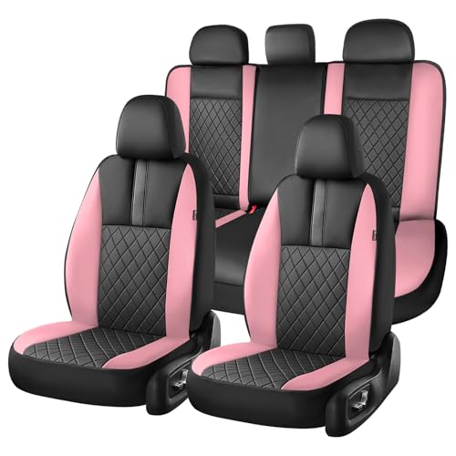 Coverado Car Seat Covers Full Set, Automotive Front and Rear Seat Covers with Backrest, Nappa Leather Car Seat Protectors Waterproof, Universal for Most Vehicles - color: BlackPink, size: FullSet