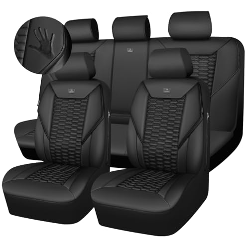 CAR PASS 3D Foam PU Leather Car Seat Covers Full Set,Luxury Breathable Faux Leather Seat Covers for Car,Anti Slip Universal Fit for SUVs Vans Sedan Truck Automotive,Armrest Airbag Compatible All Black - color: Solid Black, size: Full Set