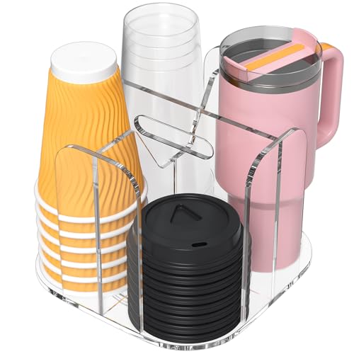 4-Compartment Countertop Cup Dispenser - Clear Acrylic Cup and Lid Carousel Coffee Bar Accessories Rotating Beverage Cup Holder Disposable Paper Cup Organizer for Restaurant Kitchen Breakroom - color: Clear