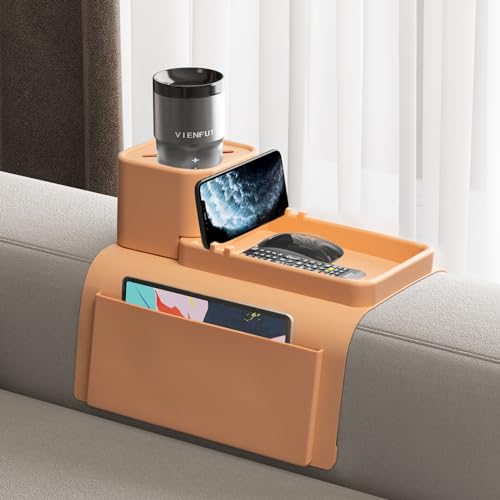 Couch Cup Holder Tray, VIENFUT Silicone Anti-Slip Sofa Armrest Tray with Side Pockets, BPA-Free Anti-Spill Couch Drink Holder for YETI, Remote, Snacks, Cellphone and iPad, Ideal Gift (Peach) - color: Peach