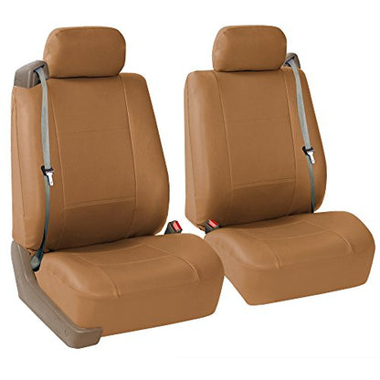 FH Group PU309102 All-Purpose Built-in Seat Belt PU Leather Seat Covers (Tan) Front Set – Universal Fit for Cars Trucks & SUVs - color: Tan - Low Back (Faux Leather), size: Front Set