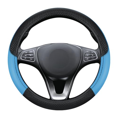 Black & Blue Car Steering Wheel Cover, Microfiber, Leather Patchwork, Universal 14.5-15 Inch Leather Anti-Slip Breathable Auto Steering Wheel Covers for Men Women - color: Black & Blue