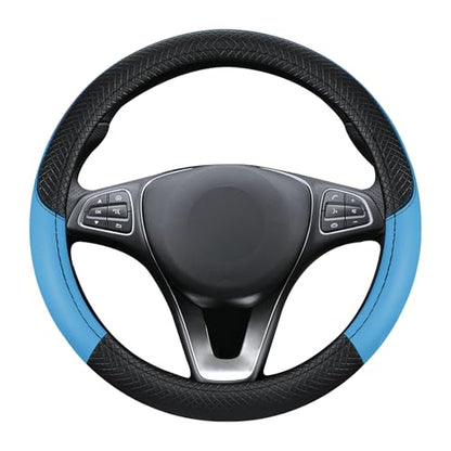 Black & Blue Car Steering Wheel Cover, Microfiber, Leather Patchwork, Universal 14.5-15 Inch Leather Anti-Slip Breathable Auto Steering Wheel Covers for Men Women - color: Black & Blue