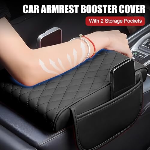 Car Center Console Armrest Pillow with 2 Storage Pockets, Memory Foam Car Armrest Cushion, Leather Car Center Console Cover for Most Vehicle (Black-Upgraded Thickened) - color: Black-Upgraded Thickened