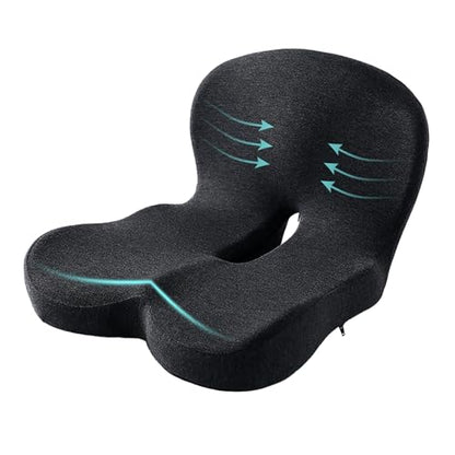 Ergonomic Seat Cushion for Back Pain & Sciatica Relief – Memory Foam Chair Pad for Office Chairs Wheelchair Car & Truck Drivers – Non-Slip Design for Long Sitting Comfort (Black)