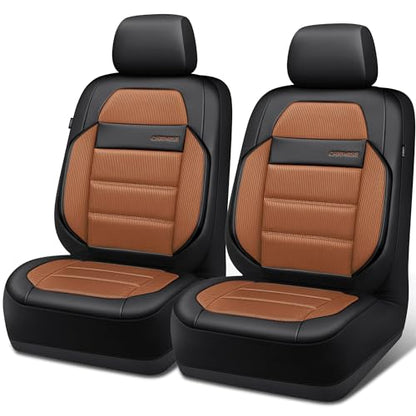 CAR PASS Memory Foam Seat Covers Front, Airy Cool Mesh Thick Car Seat Covers, Leather Car Seat Covers Front Seats Airbag Compatible, Universal Automotive Comfort for Most Cars, Trucks, SUV, Brown - color: brown black
