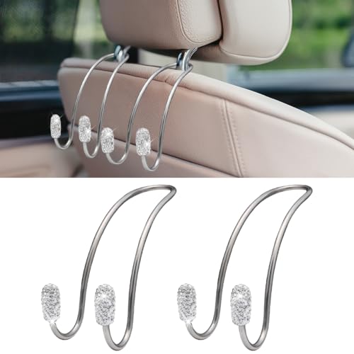 2PCS Car Headrest Hook Hangers, Bling Stainless Steel Car Backseat Holder, Strong Car Headrest Storage Hooks, Universal Car Organizers Accessories for Coats Umbrellas Grocery Handbags (White) - color: White
