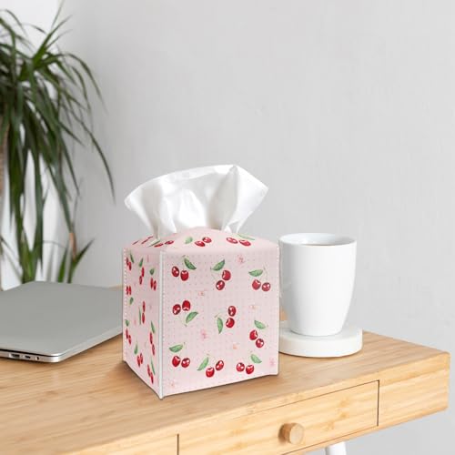 Tissue Box Cover Holder - Pink Polka Dot PU Leather Tissue Box Cover with Bottom Belt, Cherries and Blossom Square Facial Paper Dispenser for Tabletop, Bathroom, Kitchen, Car & Office -037 - color: Pink Polka Dot