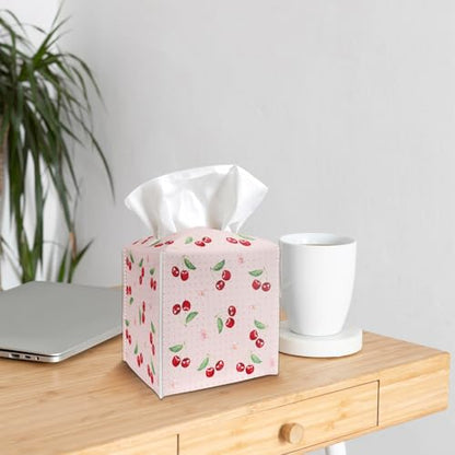 Tissue Box Cover Holder - Pink Polka Dot PU Leather Tissue Box Cover with Bottom Belt, Cherries and Blossom Square Facial Paper Dispenser for Tabletop, Bathroom, Kitchen, Car & Office -037 - color: Pink Polka Dot