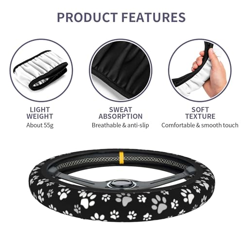 Paw Print Steering Wheel Cover - Black and White Dog Paw Steering Wheel Car Accessories Universal 15 Inch Cute Steering Wheel Cover Girls Women Men Anti Slip Breathable Wheel Cover Protector - color: Paw Print