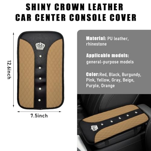 Bling Crown Car Center Console Mats, Anti-Slip and Waterproof Crystal Car Armrest Pad Protector, Universal Rustproof Armrest Decor Cushion for Cars & SUVs, Car Accessories (Beige) - color: Beige