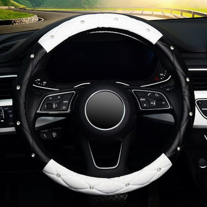 KAFEEK Diamond Soft Leather Steering Wheel Cover with Bling Bling Crystal Rhinestones, Universal 15 inch, Black White - color: Black and White, size: Medium(Standard) Size[14.5"-15"]