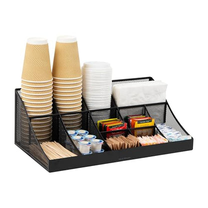 Mind Reader Countertop Organizer, 2 Tier Mesh Storage Caddy with 11 Compartments for Office Supplies, Breakroom Essentials, and Snacks - color: Black Metal