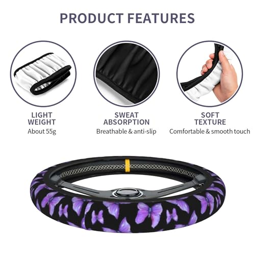 Butterfly Purple Steering Wheel Cover Beauty Butterfly Purple Steering Wheel Cover Breathable Universal for 15 Inch Anti-Slip Car with 2 Pieces Car Coasters Suitable for Men Women Butterfly - color: Butterfly Purple