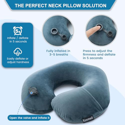 Keemall 2Pack Inflatable Travel Neck Pillow for Airplane Train Car Washable Pillowcase U Shaped Office Napping Pillow - color: Deep Grey-2 Pack, size: Medium